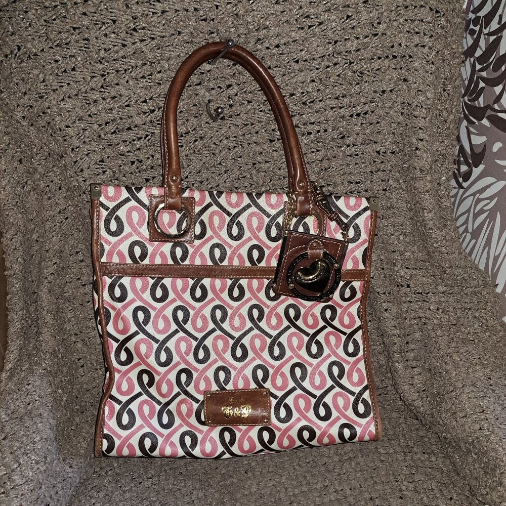VINTAGE JUICY COUTURE-Y2K Geometric Pink/Brown Tote-Large Leather Charm-Excellen